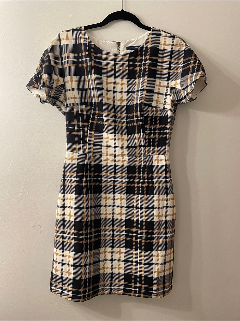 French Connection Plaid Mini Shift Dress in Black, Cream & Tan